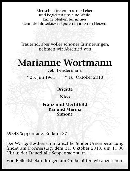  Traueranzeige für Marianne Wortmann vom 23.10.2013 aus Westfälische Nachrichten