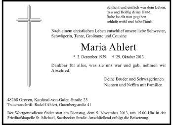 Anzeige von Maria Ahlert von Westfälische Nachrichten