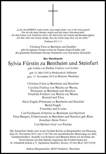 Anzeige von Sylvia Fürstin zu Bentheim und Steinfurt von Westfälische Nachrichten