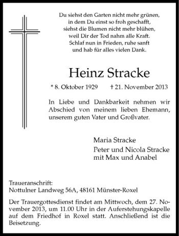 Anzeige von Heinz Stracke von Westfälische Nachrichten