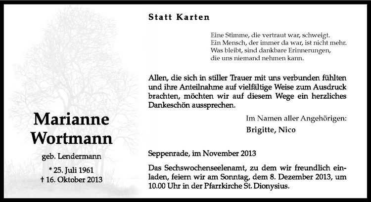  Traueranzeige für Marianne Wortmann vom 30.11.2013 aus Westfälische Nachrichten