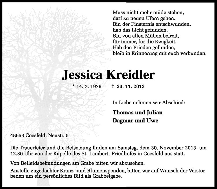  Traueranzeige für Jessica Kreidler vom 28.11.2013 aus Westfälische Nachrichten