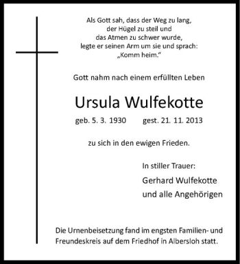 Anzeige von Ursula Wulfekotte von Westfälische Nachrichten