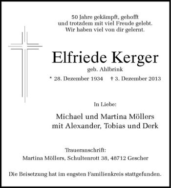 Anzeige von Elfriede Kerger von Westfälische Nachrichten