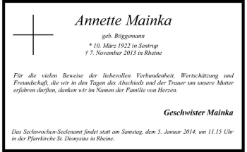 Anzeige von Annette Mainka von Westfälische Nachrichten