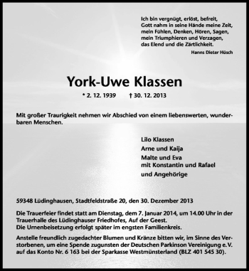 Anzeige von York-Uwe Klassen von Westfälische Nachrichten