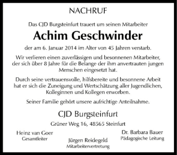 Anzeige von Achim Geschwinder von Westfälische Nachrichten