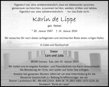 Anzeige von Karin de Lippe von Westfälische Nachrichten