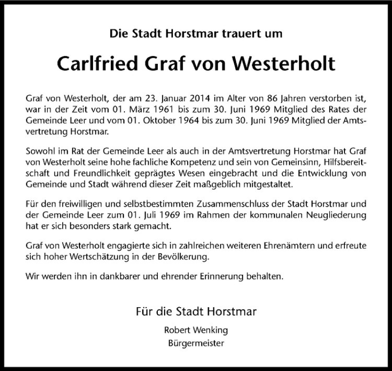  Traueranzeige für Carlfried Graf v. Westerholt und Gysenberg vom 28.01.2014 aus Westfälische Nachrichten