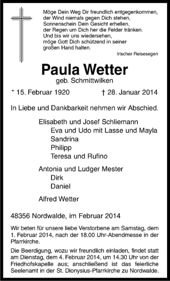 Anzeige von Paula Wetter von Westfälische Nachrichten