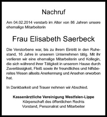 Anzeige von Elisabeth Saerbeck von Westfälische Nachrichten