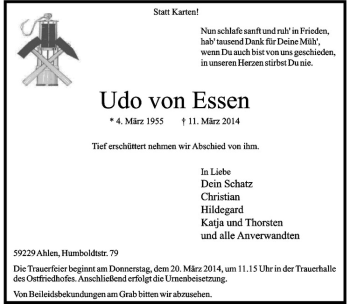 Anzeige von Udo von Essen von Westfälische Nachrichten