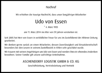 Anzeige von Udo von Essen von Westfälische Nachrichten