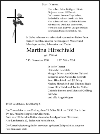 Anzeige von Martina Hirschfeld von Westfälische Nachrichten