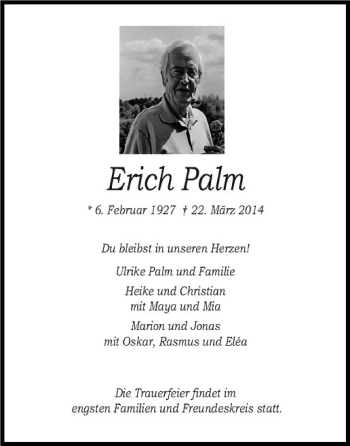 Anzeige von Erich Palm von Westfälische Nachrichten