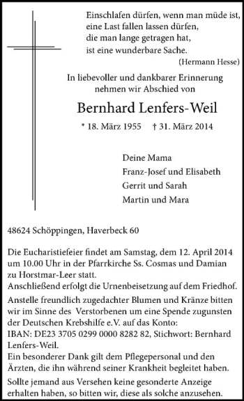 Anzeige von Bernhard Lenfers-Weil von Westfälische Nachrichten