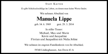 Anzeige von Manuela Lippe von Westfälische Nachrichten