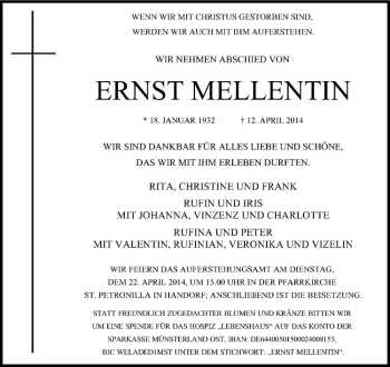 Anzeige von Ernst Mellentin von Westfälische Nachrichten