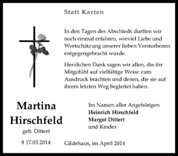 Anzeige von Martina Hirschfeld von Westfälische Nachrichten