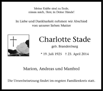 Anzeige von Charlotte Stade von Westfälische Nachrichten