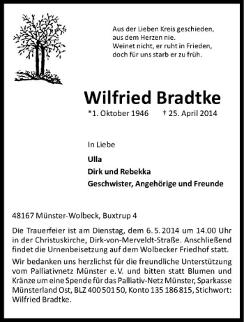 Anzeige von Wilfried Bradtke von Westfälische Nachrichten