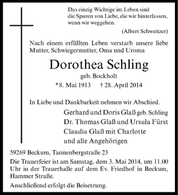 Anzeige von Dorothea Schling von Westfälische Nachrichten