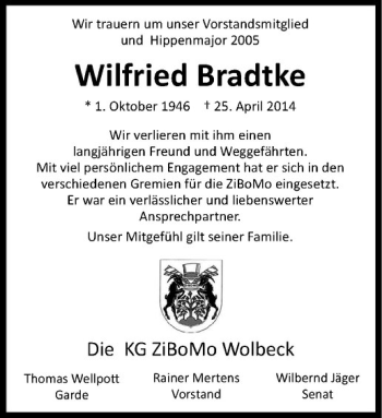 Anzeige von Wilfried Bradtke von Westfälische Nachrichten