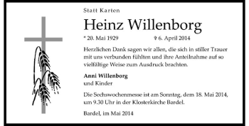 Anzeige von Heinz Willenborg von Westfälische Nachrichten