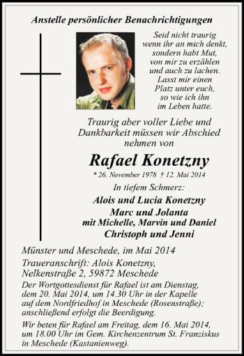 Anzeige von Rafael Konetzny von Westfälische Nachrichten