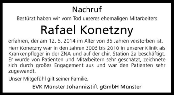 Anzeige von Rafael Konetzny von Westfälische Nachrichten