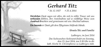 Anzeige von Gerhard Titz von Westfälische Nachrichten