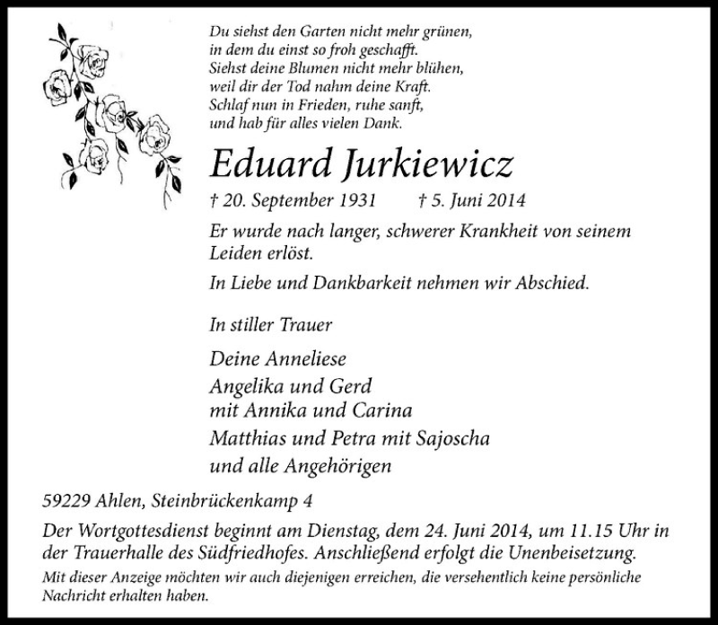  Traueranzeige für Eduard Jurkiewicz vom 14.06.2014 aus Westfälische Nachrichten