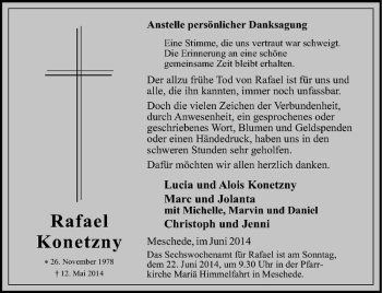 Anzeige von Rafael Konetzny von Westfälische Nachrichten