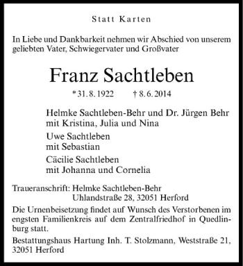 Anzeige von Franz Sachtleben von Westfälische Nachrichten