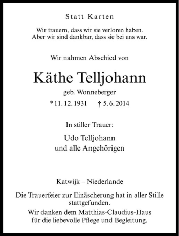 Anzeige von Käthe Telljohann von Westfälische Nachrichten