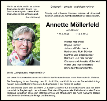 Anzeige von Annette Möllerfeld von Westfälische Nachrichten