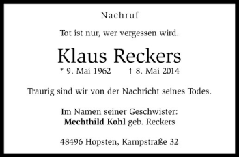 Anzeige von Klaus Reckers von Westfälische Nachrichten