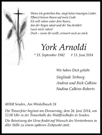 Anzeige von York Arnoldi von Westfälische Nachrichten