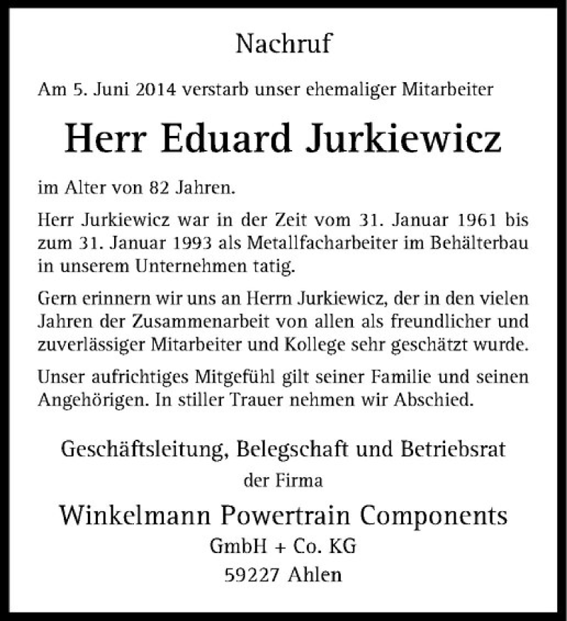  Traueranzeige für Eduard Jurkiewicz vom 21.06.2014 aus Westfälische Nachrichten