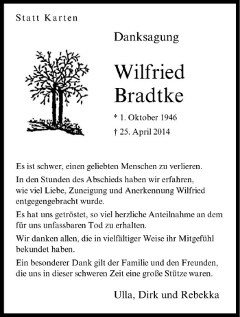 Anzeige von Wilfried Bradtke von Westfälische Nachrichten