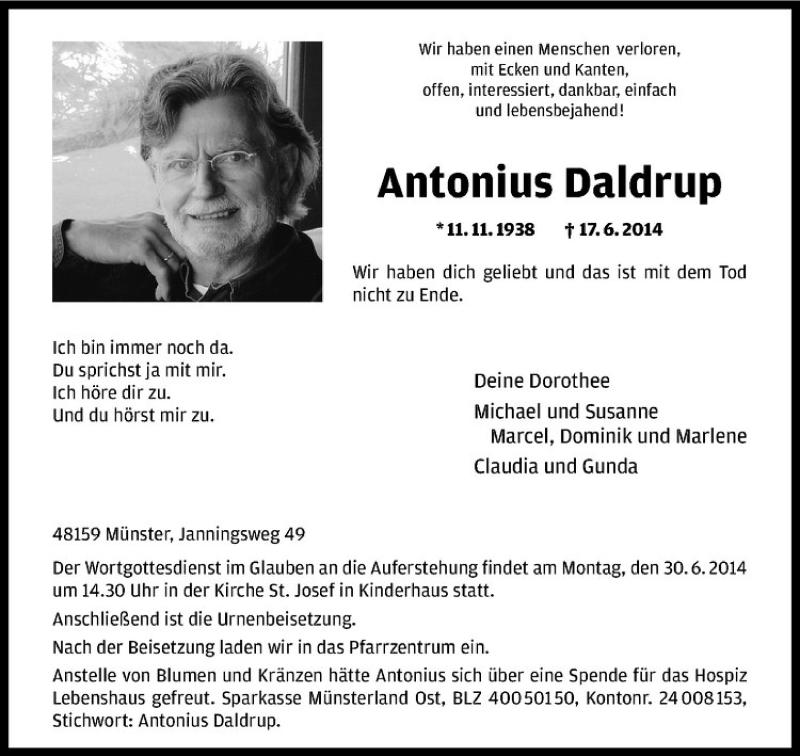  Traueranzeige für Antonius Daldrup vom 21.06.2014 aus Westfälische Nachrichten