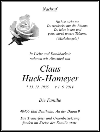 Anzeige von Claus Huck-Hameyer von Westfälische Nachrichten