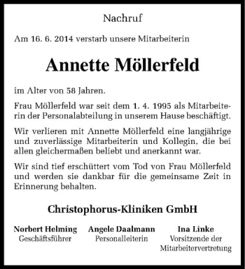 Anzeige von Annette Möllerfeld von Westfälische Nachrichten