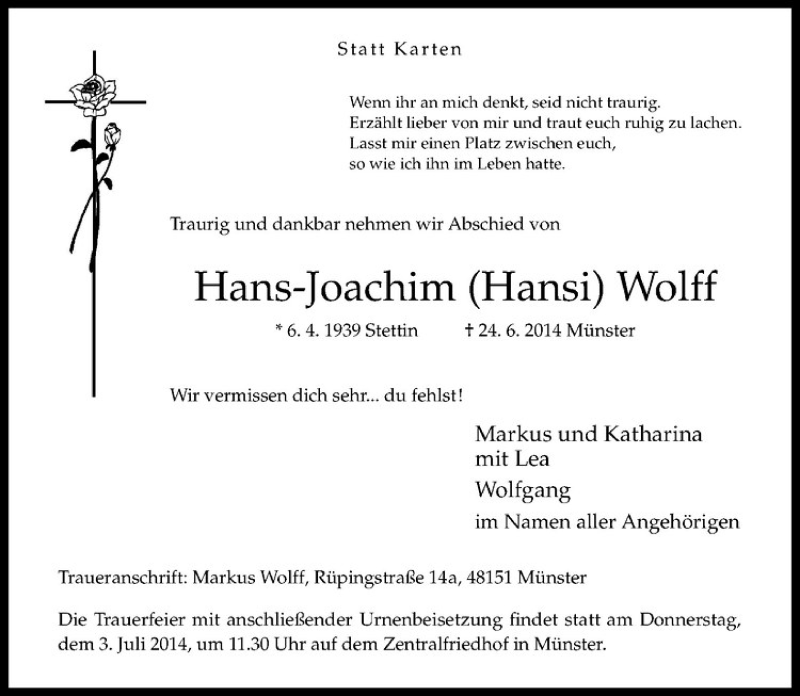  Traueranzeige für Hans-Joachim Wolff vom 28.06.2014 aus Westfälische Nachrichten