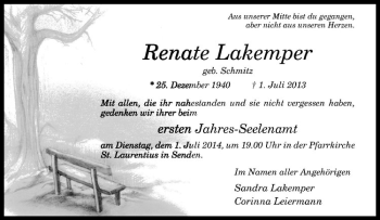 Anzeige von Renate Lakemper von Westfälische Nachrichten