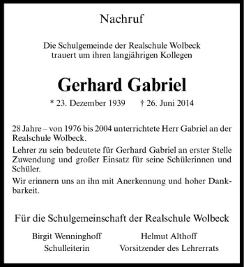 Anzeige von Gerhard Gabriel von Westfälische Nachrichten