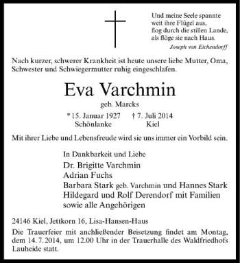 Anzeige von Eva Varchmin geb. von Westfälische Nachrichten