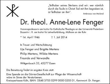 Anzeige von Anne-Lene Fenger von Westfälische Nachrichten