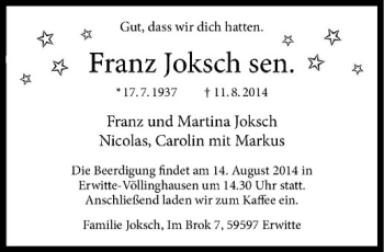 Anzeige von Franz Joksch von Westfälische Nachrichten