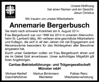 Anzeige von Annemarie Bergerbusch von Westfälische Nachrichten